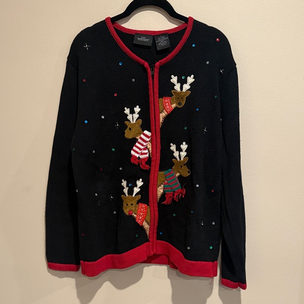 🎄Festive Vintage Reindeer Santa zipper Cardigan Red Trim Christmas Holiday